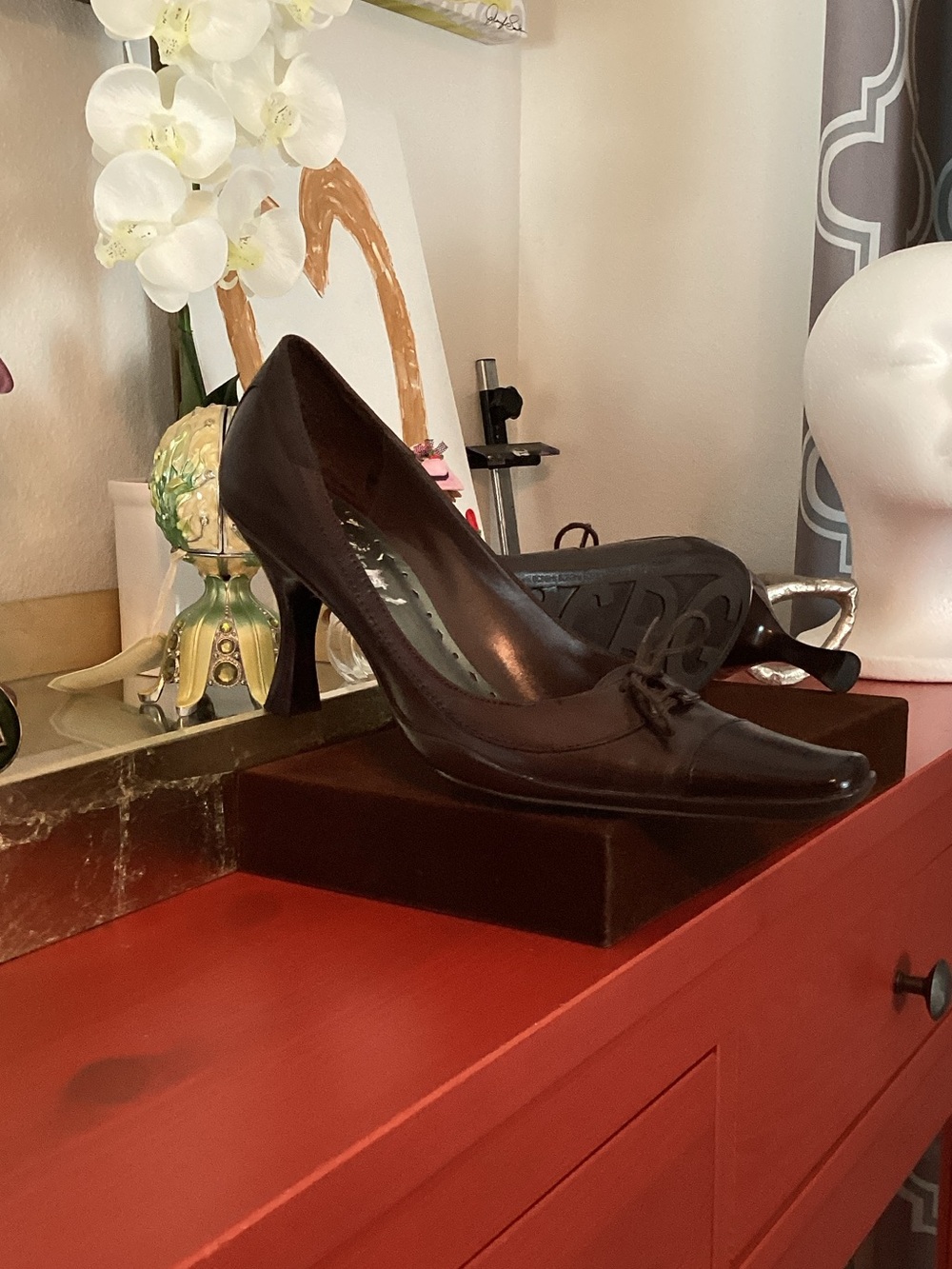 BCBG Dark Brown Leather Square Pointed-Toe Pumps - Picture 2 of 8